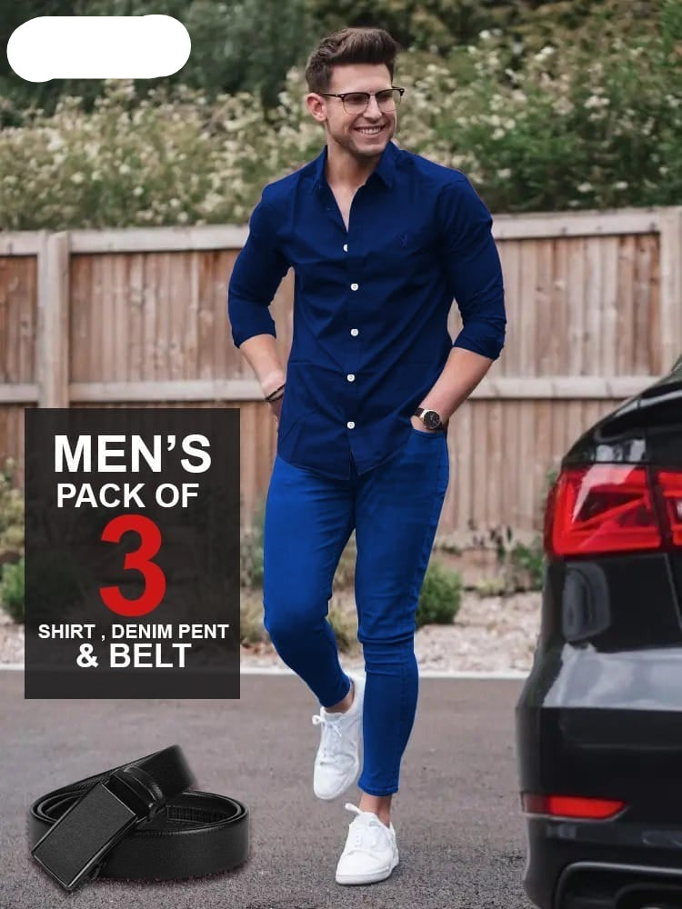 PACK OF 3 – LUNCHING OFFER Men's Shirt + Denim Pant + Imported Belt – Stylish look
